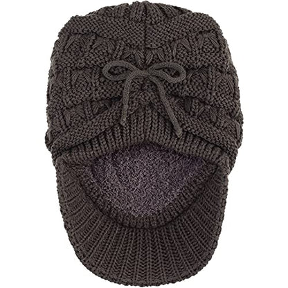 BYOS Womens Winter Chic Cable Warm Fleece Lined Crochet Knit Hat W/Visor Newsboy Cabbie Cap - color: Basket Woven-charcoal Gray