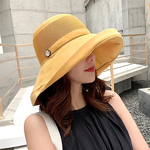 Women Wide Brim Sun Hats Metal Wired Edge Summer UV Protection Beach Fishing Hat for Hiking Garden Travel Chin Strap - color: B5-fyu001-yellow, size: One Size