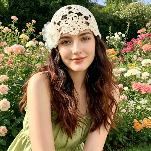 Crochet Hat Cap Cute Summer Beanies with Pearl Decor Boho Knit Mesh Hat - color: White Flower