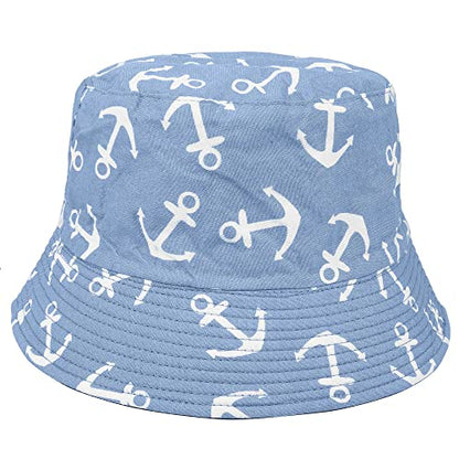 Falari Reversible Bucket Hat for Men Women Summer Travel Beach Outdoor Fishing Hat 100% Cotton - color: J615-light Blue-anchor