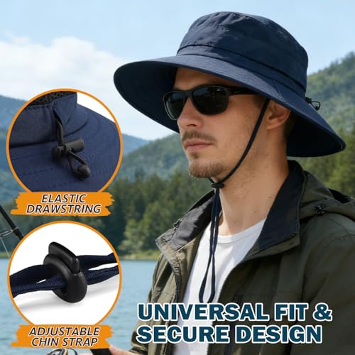 Men's UPF 50+ Waterproof Wide Brim Boonie Hat, Sun & Rain Protection - color: Navy Blue