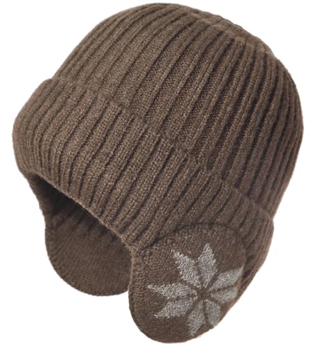 Knit Beanie Hat with Earflaps – Winter Warm Thick Fleece Lined Ski Skull Cap for Men Women - color: Khaki