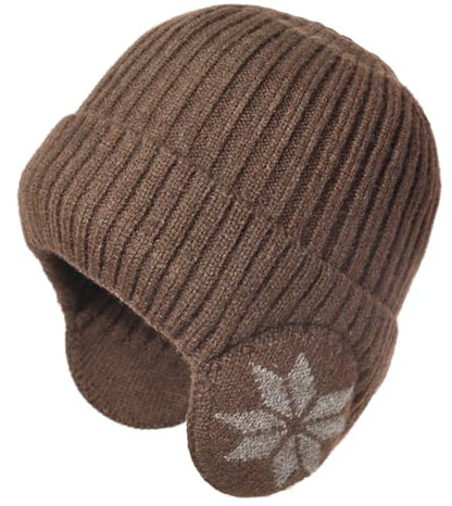 Knit Beanie Hat with Earflaps – Winter Warm Thick Fleece Lined Ski Skull Cap for Men Women - color: Khaki