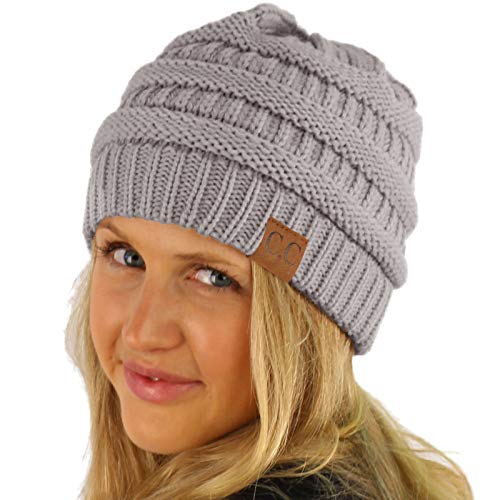 CC Classic Winter Fall Trendy Chunky Stretchy Cable Knit Beanie Hat - color: Solid Lt. Melange Gray