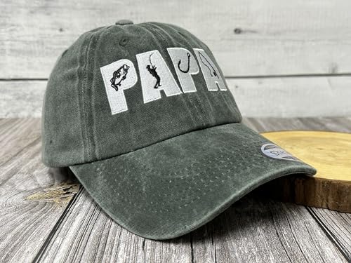 Papa Fishing Hats, Fisherman Gift for Grandpa Grandfather - color: Papa (Fishing - Washed Army Green)