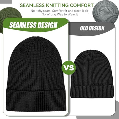 vidsel 50% Wool Thick Beanie Hat Men Women, Seamless Cuffed Winter Knit Cap - color: 1pcs Black