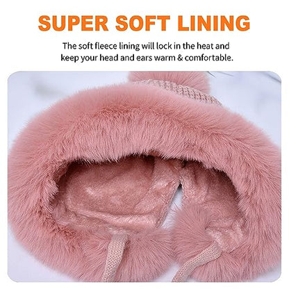 Fluffy Knit Beanie Hats for Women Winter Warm Fleece Lining Skull Cap Plush Faux Fur Pompom Earflaps Snow Hats - color: Grey - B
