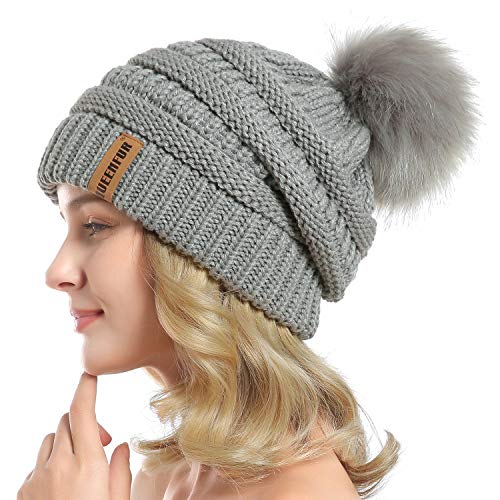 Women Knit Slouchy Beanie Chunky Baggy Hat with Faux Fur Pompom Winter Soft Warm Ski Cap - color: B3-soft Grey