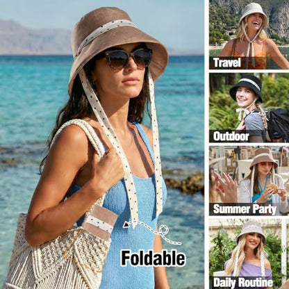 Babalet Linen Blend Sun Hat for Women Wide Brim Beach Bucket Hat - color: Khaki- Ponytail Opening