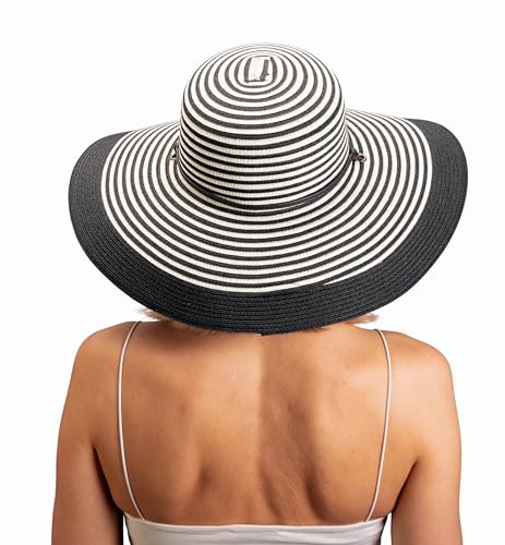 Sloggers Women's Wide Brim Braided Sun Hat with Wind Lanyard - UPF 50+ Maximum Sun Protection - color: Black White