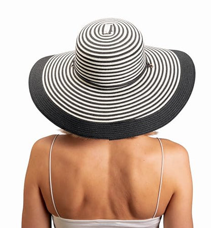 Sloggers Women's Wide Brim Braided Sun Hat with Wind Lanyard - UPF 50+ Maximum Sun Protection - color: Black White