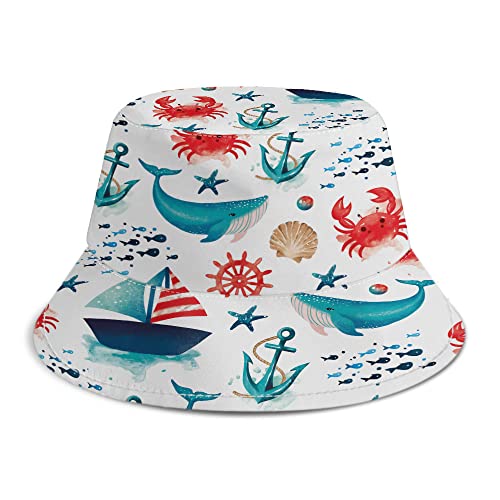 WIRESTER Reversible Bucket Hat Unisex Girl Women Men for Summer Outdoor Travel - color: Marine Boat Crab Pattern