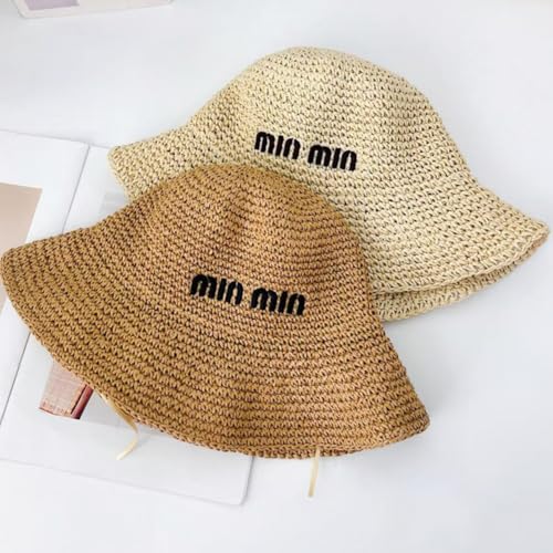 Women Straw Sun Hat Summer Beach Hats Foldable Floppy Cap Wide Brim Bucket Hat Solid Handmade Sun Protection Caps - color: Min-beige