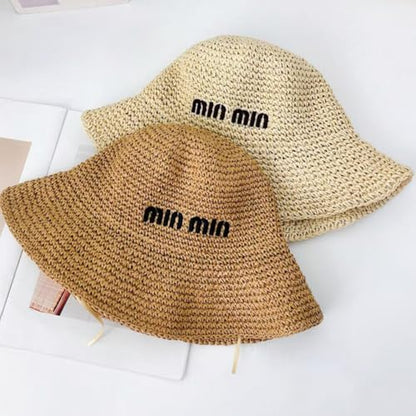 Women Straw Sun Hat Summer Beach Hats Foldable Floppy Cap Wide Brim Bucket Hat Solid Handmade Sun Protection Caps - color: Min-beige