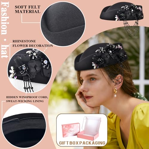 Women's Retro Stewardess Felt Hat, British Berets, Rhinestone Flower Decor, Ladies' Church Derby Hat - color: Tassel Style-black
