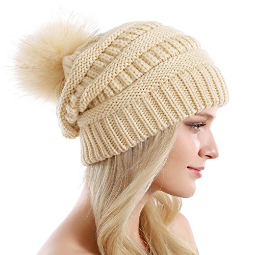 Women Knit Slouchy Beanie Chunky Baggy Hat with Faux Fur Pompom Winter Soft Warm Ski Cap - color: A1-beige