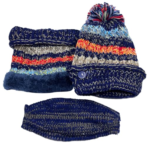 Ypser Women's Winter Warm Knitted Crochet Hat Fleece Lined Cable Faux Fur Pom Pom Beanie Hat Skull Cap - color: Navy Blue 3 Pcs Set (Hat & Scarf & Face Mask)
