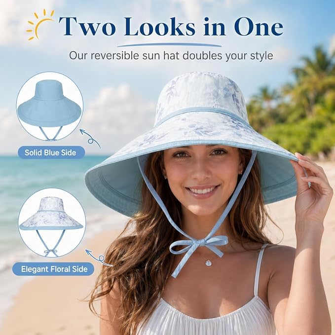 Wide Brim Sun Hat for Women Reversible Beach Bucket Summer Hats Ponytail - color: Blue