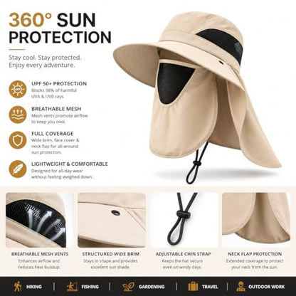 Sun Hat with Neck Flap and Face Cover, Wide Brim Fishing Hat with Mesh Ventilation, UPF 50+ UV Protection - color: Beige