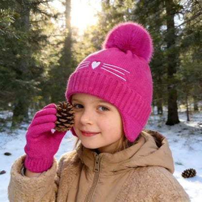 Girls Winter Hat and Gloves Set, Kids Cat Knit Beanie with Earflaps - color: Hot Pink, size: 2-4 Years