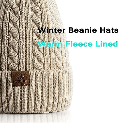 PAGE ONE Women Winter Pom Pom Beanie Hats Warm Fleece Lined Knit Hat Chunky Trendy Cute Cap - color: Oat-1