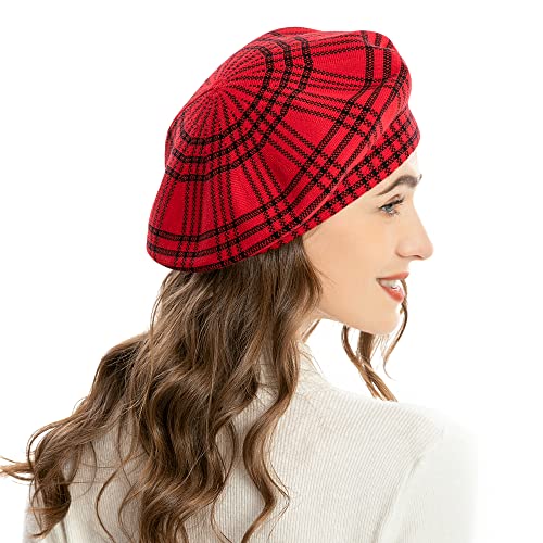 ZLYC Women French Beret Hat Reversible Knit Thickened Warm Artist Cap - color: Checkered Red