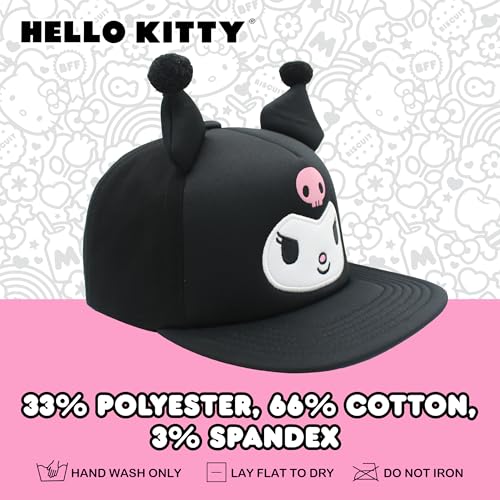 Hello Kitty Baseball Cap, Women's Snapback Hat with Flat Brim and 3D Ribbon and Ears - style: Kuromi