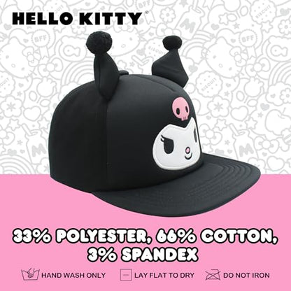 Hello Kitty Baseball Cap, Women's Snapback Hat with Flat Brim and 3D Ribbon and Ears - style: Kuromi