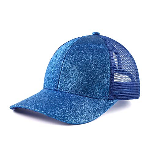 Zsedrut Girls Glitter Baseball Cap Kids Adjustable Ponytail Hat Toddler Summer Mesh Trucker Hats - color: Royalblue