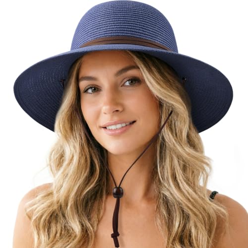 DRESHOW Womens Summer Straw Sun Hat Wide Brim Bucket Hats Fedora Hat Panama Beach Hat with Chin Strap UPF 50+ - color: Straw Hat With Wind Lanyard: Navy