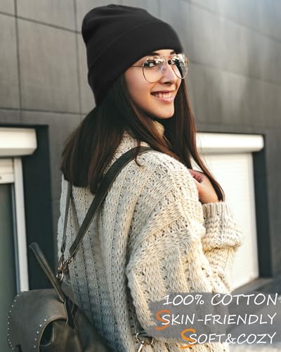 vidsel 100% Cotton Beanie Hat-Unisex Winter Knit Cuffed Beanies Skull Cap - color: 1-black