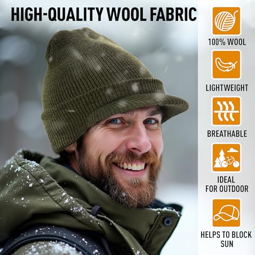 Genuine G.I. Winter Beanie Cap with Visor, 100% Knitted Wool, Double-Layer Winter Hat, Made in USA - color: Olive Drab