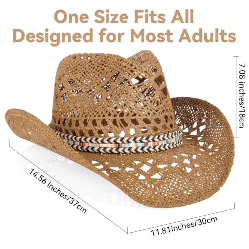 WQWOVRVO Cowboy Hat,Cowgirl Hat,Straw Cowboy Hats for Women/Men Wide with Shapeable Brim - color: Brown Color