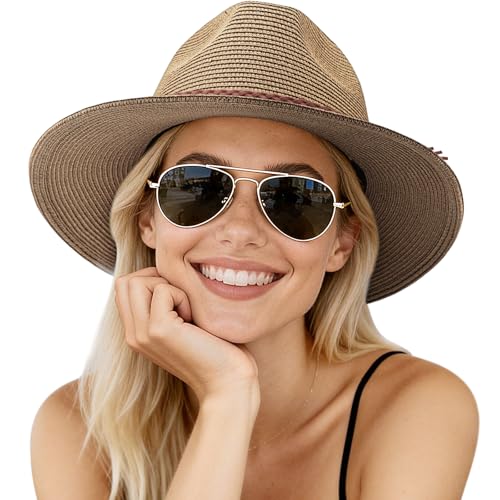 AQOKKA Summer Sun Hats for Women Straw Panama Hat with Wide Brim Roll Up Travel Fedora Beach Hat for Women Men UPF 50+ - color: Woven Rope : Coffee