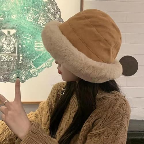 XYX Women Winter Knit Fleece Lined Bucket Hat Beanie Hat Rolled Brim Faux Fur Crochet Skull Cap - color: Khaki