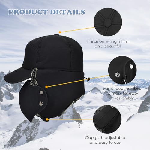 Russian Ushanka Trapper Hat, Elmer Fudd Hat with Ear Flap & Removable Mask for Men and Women, Thick Winter Warm Hat - color: Black