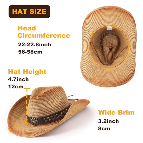AQOKKA Straw Cowboy Hats for Women Men Western Cowgirl Hats with Shapeable Brim Woven Hollow Out Unisex Beach Roll Up Caps - color: Spray-painted Cowboy Hats : Khaki+khaki