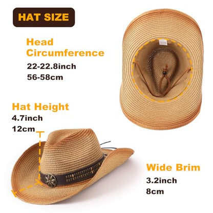 AQOKKA Straw Cowboy Hats for Women Men Western Cowgirl Hats with Shapeable Brim Woven Hollow Out Unisex Beach Roll Up Caps - color: Spray-painted Cowboy Hats : Khaki+khaki
