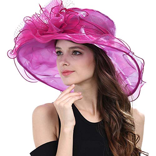 Janey&Rubbins Women's Feathers Floral Fascinating Wide Brim Lightweight Church Derby Hat - color: Hot Pink
