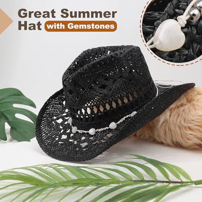 AQOKKA Straw Cowboy Hats for Women Men Western Cowgirl Hats with Shapeable Brim Woven Hollow Out Unisex Beach Roll Up Caps - color: Cowboy Hat : Dark Black B