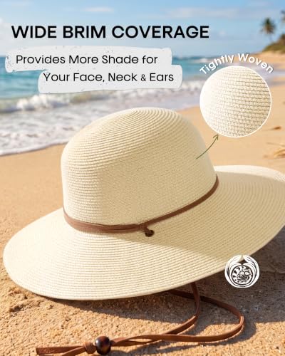 FURTALK Womens Wide Brim Sun Hat with Wind Lanyard UPF Summer Straw Sun Hats for Women - color: Cream White, size: Medium-Large
