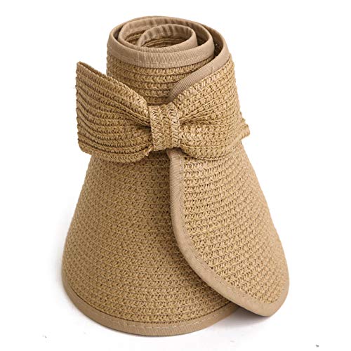 HDE Sun Visor for Women Roll Up Packable Ponytail Beach Sun Hat with Bow - color: Brown