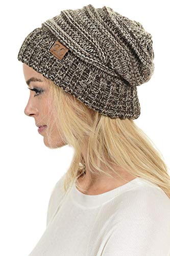 C.C Hat-100 Oversized Baggy Slouch Thick Warm Cap Hat Skully Cable Knit Beanie - color: Brown Mix