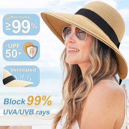 DRESHOW Sun Hats for Women Travel Fedora Foldable Beach Sun Hat Summer Wide Brim Straw Bucket Hat with Bowknot UPF 50+ - color: 1 Pack Bowknot Straw Hat: Khaki