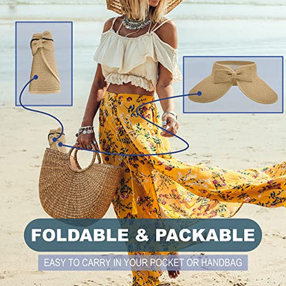 Straw Sun Visor for Women, Wide Brim UPF 50+ Protection Beach Hat, Adjustable, Roll Up Foldable Ponytail Cap with Chin Strap - color: Beige