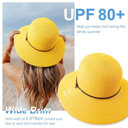 DRESHOW Womens Summer Straw Sun Hat Wide Brim Bucket Hats Fedora Hat Panama Beach Hat with Chin Strap UPF 50+ - color: Straw Hat With Wind Lanyard: Yellow