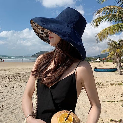 HUAMULAN Women Summer Vacation Wide Brim Sun Hat Reversible Fishing Hats - color: Navy