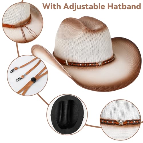 WQWOVRVO Cowboy Hat,Cowgirl hat,Brown Cowboy Hats for Women/Mens Straw Wide with Shapeable Brim Western Cowboy Hat for Womens - color: White & Brown Color