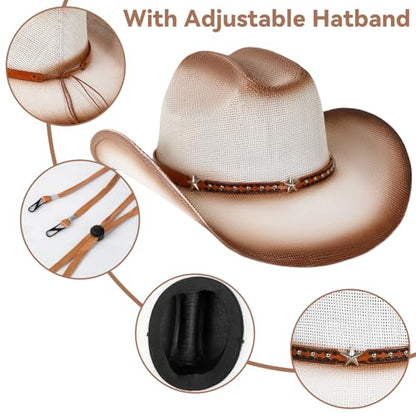 WQWOVRVO Cowboy Hat,Cowgirl hat,Brown Cowboy Hats for Women/Mens Straw Wide with Shapeable Brim Western Cowboy Hat for Womens - color: White & Brown Color