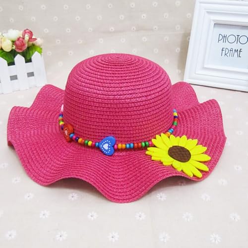 Girls Straw Hat with Flower Round Sunglasses, Summer Foldable Large Brim Sunflower Bowknot Beach Toddler Straw Sun Hat, 2-6T - color: Hot Pink